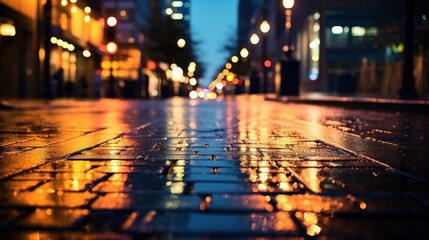 Wall Mural - A wet sidewalk with lights on at night time, AI