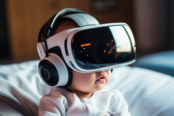 Aufkleber - A newborn baby wearing VR goggles. Generative AI.