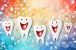 Dentist’s Day. Tooth with happy faces on abstract colorful background. February's National Children's Dental Health Month, focusing on dental health for children