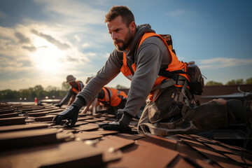 Poster - Construction worker working on top roof. Generative AI.