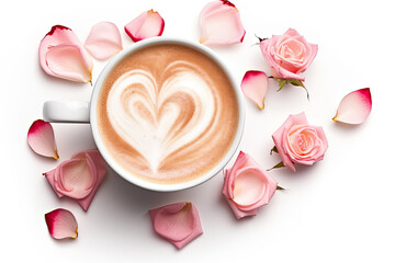 Wall Mural - Valentine cup of latte with heart latte art with pink rose petals 