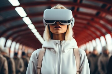 Aufkleber - A fashion influencer wear a virtual reality within a transport hub. Generative AI.