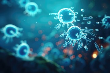 Poster - Microscopic photo of a single antibody touching a blue bacterium. Generative AI.