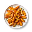 Plate of potato wedges on white background, top view.
