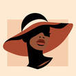 Portret kobiety w eleganckim kapeluszu z szerokim rondem w minimalistycznym stylu. Młoda piękna dziewczyna. Ilustracja wektorowa High Fashion.