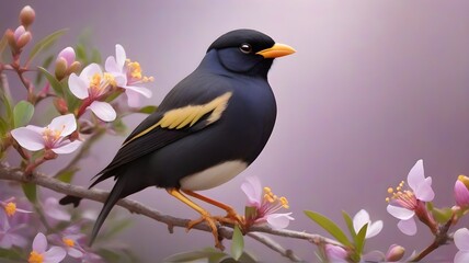 Wall Mural - A small bird perched on a branch with pink flowers in the background.