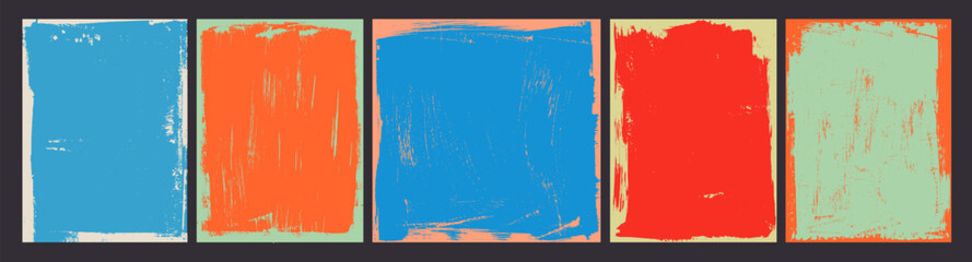 Colorful grunge frames with scratched texture. Poster with brush drawn borders and scribbles.
