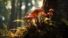 Beautiful Mushrooms Growing On A Tree In The Forest