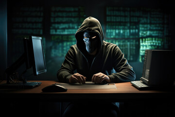 Poster - A hacker wearing anonymous mask and hacking pc. Ai generated