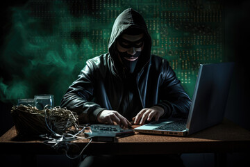 Poster - A hacker wearing anonymous mask and hacking pc. Ai generated