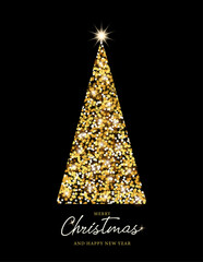 Aufkleber - Merry Christmas greeting card. Luxury glitter texture Christmas tree, sparkles and stars. Happy New Year poster. Golden glitter vector pattern. 