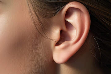 close-up of female ear and the ear's details. hearing problems and diseases.