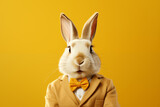 Fototapeta  - Close up view on a white rabbit in suit and bowtie on a yellow background. Easter concept