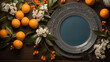 Background for Lunar New Year or Chinese New Year with flowering branch and tangerines. Copy space.