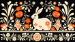 Romantic Easter Painting in a Art Deco Style with Easter Bunnies and Floral Design as Background or Wallpaper on Black Background