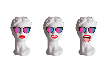 Wall Mural - Set of antique female statue heads in colorful sunglasses with red lips: kissing, smiling, showing tongue isolated on white background. Creative modern design. 3d trendy contemporary art 