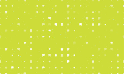 Poster - Seamless background pattern of evenly spaced white tooth symbols of different sizes and opacity. Vector illustration on lime background with stars