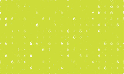 Poster - Seamless background pattern of evenly spaced white number six symbols of different sizes and opacity. Vector illustration on lime background with stars