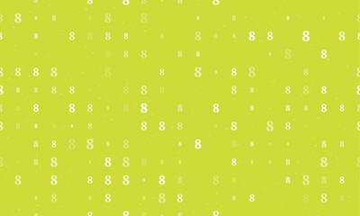 Poster - Seamless background pattern of evenly spaced white number eight symbols of different sizes and opacity. Vector illustration on lime background with stars