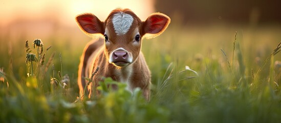 Wall Mural - farm infant calf grazing on verdant grass during dusk.