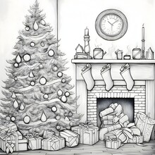 Christmas Tree With Baubles Chain Around Gifts And Fireplace Black And White Cat Coloring Book.Christmas Banner With Space For Your Own Content.