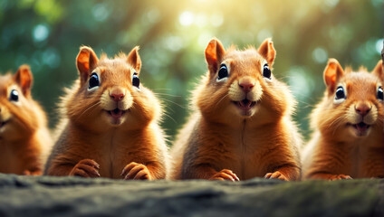 Many cute fluffy creative squirrels in nature in the forest