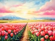 Superb Watercolor Illustration of a Panoramic Landscape of Blooming Tulips Field in Spring AI Generated
