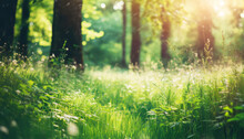 Picturesque Photo Of A Field Or Meadow Summer Beautiful Spring Perfect Natural Landscape Background, Defocused Blurred Green Trees In Forest With Wild Grass And Sun Beams