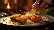 Female Chef Cooks Delicious And Appetizing Cutlets, Hands Sprinkle Seasoning Powder On Top, Food Is Ready To Be Served On A Plate For Customers 5 Star Restaurant Kitchen Closeup Detailed Artwork