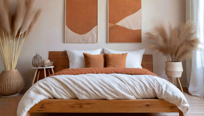 Boho bedroom interior in neutral beige tones. Wooden double bed with pillows. Abstract terracotta wall art set of 2 prints on a white wall.