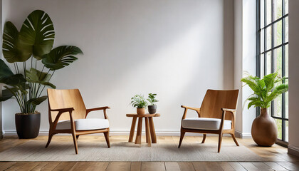 Empty white wall mockup in modern room interior with two wooden armchairs, modern table and pot with plants. Natural daylight from a window.