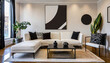 Modern mid century living room interior with black and beige wall art in abstract style. Cozy furniture. White color sofa and black pillows.