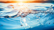 Water splash with ripples and waves on blue background. Close-up of water surface.