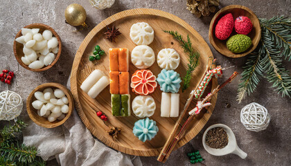 Traditional Korean rice cakes 'Jeolpyeon' made in various shapes on wooden dish with ornaments. Holiday food. Top view.