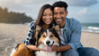 Young African American happy couple man woman dog vacation joyful smiling harmony feeling love laughter pets hugs romantic together fun married enjoying people family outside relationship happiness