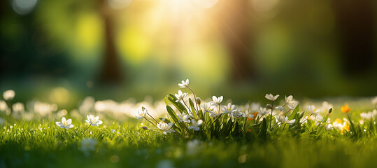 Wall Mural - Spring background with grass and white flowers in the forest on a meadow on a sunny day on a blurred background