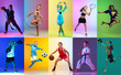 © master1305 - Collage. Children, boys and girls training, practicing different kind of sports over multicolored background in neon light. Concept of professional sport, competition, championship, action