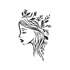 Wall Mural - Woman profile with plants in hair. Hand drawn portrait isolated on white. Black brush line. Vector illustration.