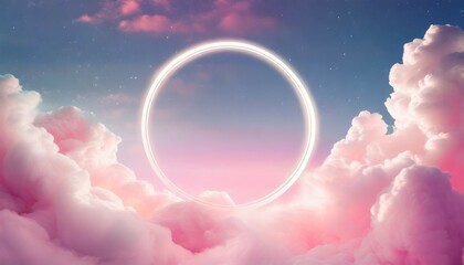 Wall Mural - blank circle white glowing light frame on dreamy fluffy cloud with aesthetic pink neon sky background abstract minimal natural luxury background with copy space