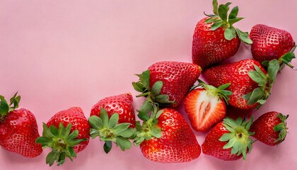Wall Mural - juicy ripe strawberries on pink background top view strawberry frame copy text top view