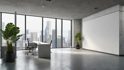 Wall Mural - blank white wall in concrete office with large windows mockup 3d rendering