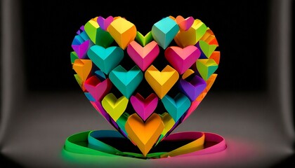 Wall Mural - multicolored three dimensional heart of geometric shapes on black background