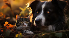 A Border Collie And A Tabby Cat Side By Side Amidst Autumn Leaves During Golden Hour, Exuding A Serene Companionship.