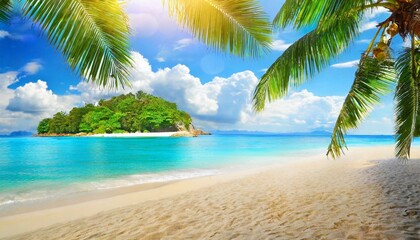 Wall Mural - sunny tropical beach with palm leaves and paradise island