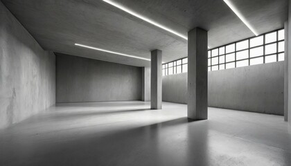 Poster - abstract empty modern concrete room with indirect lighting from right with diagonal pillar and rough floor industrial interior background template