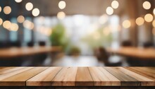 Wood Table Top And Blurred Bokeh Office Interior Space Background Can Used For Display Or Montage Your Products