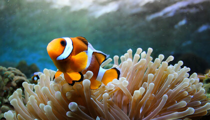 Wall Mural - Amphiprion ocellaris clown fish and anemone in the sea