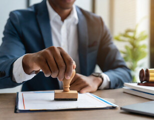 Wall Mural - Closed up businessman hand using wooden stamping to document approve and reject document or project concept, copy space.