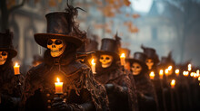 A Group Of People In Spooky Skull Masks And Gothic Costumes Holding Candles In An Eerie Halloween Parade.
