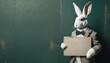 Weißer Hase / weißes Kaninchen in hellem Anzug hält leeres Schild aus Karton / Pappe vor sich. Mockup. Zum selbst beschriften. Vor dunkelgrüner Wand. Fotorealistische Illustration. Hintergrund